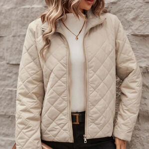 Casual Blue & White Floral Quilted Stand Collar Zip-Up Padded Coat